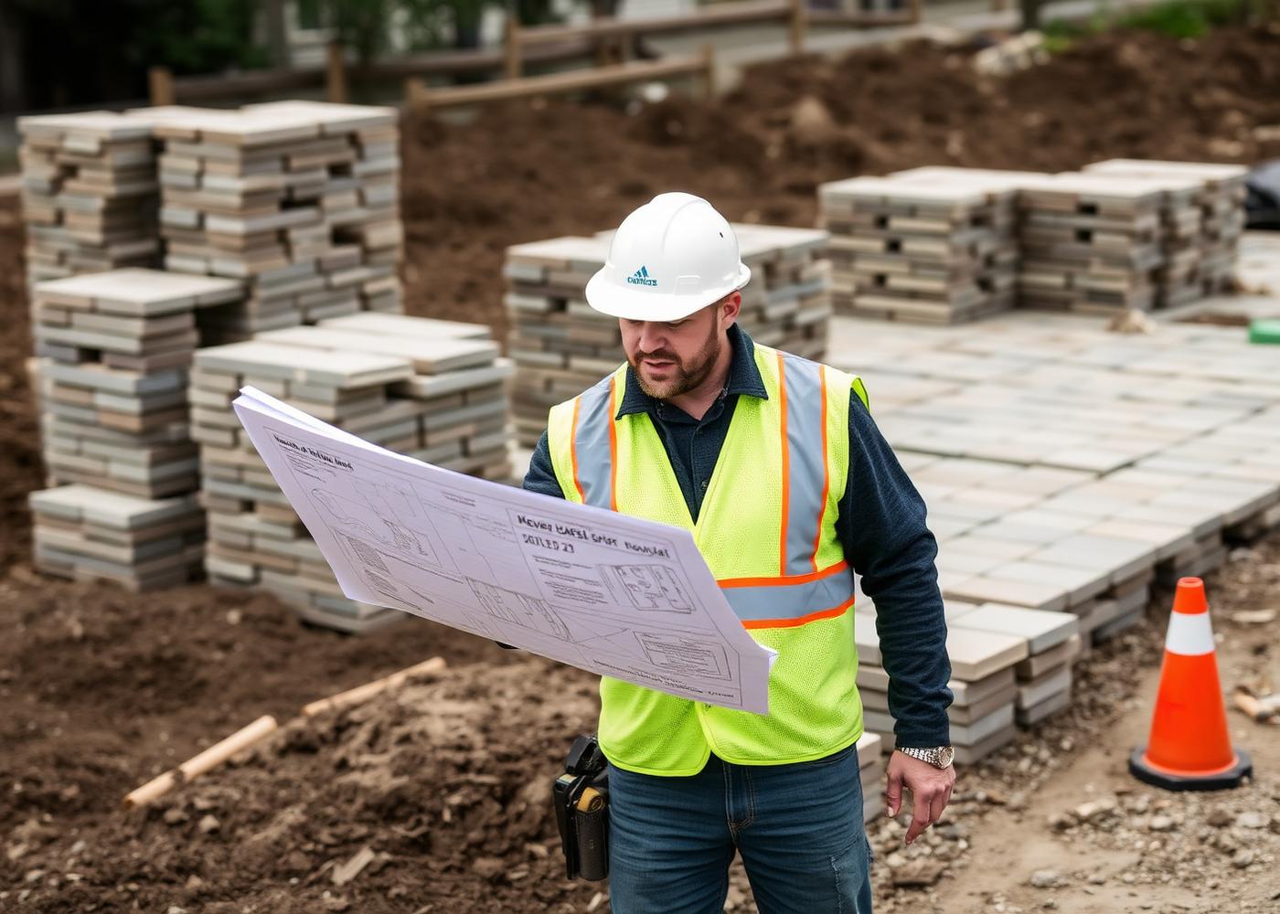 Granite & Grade foreman reviewing a project blueprint on a Boston-area job site